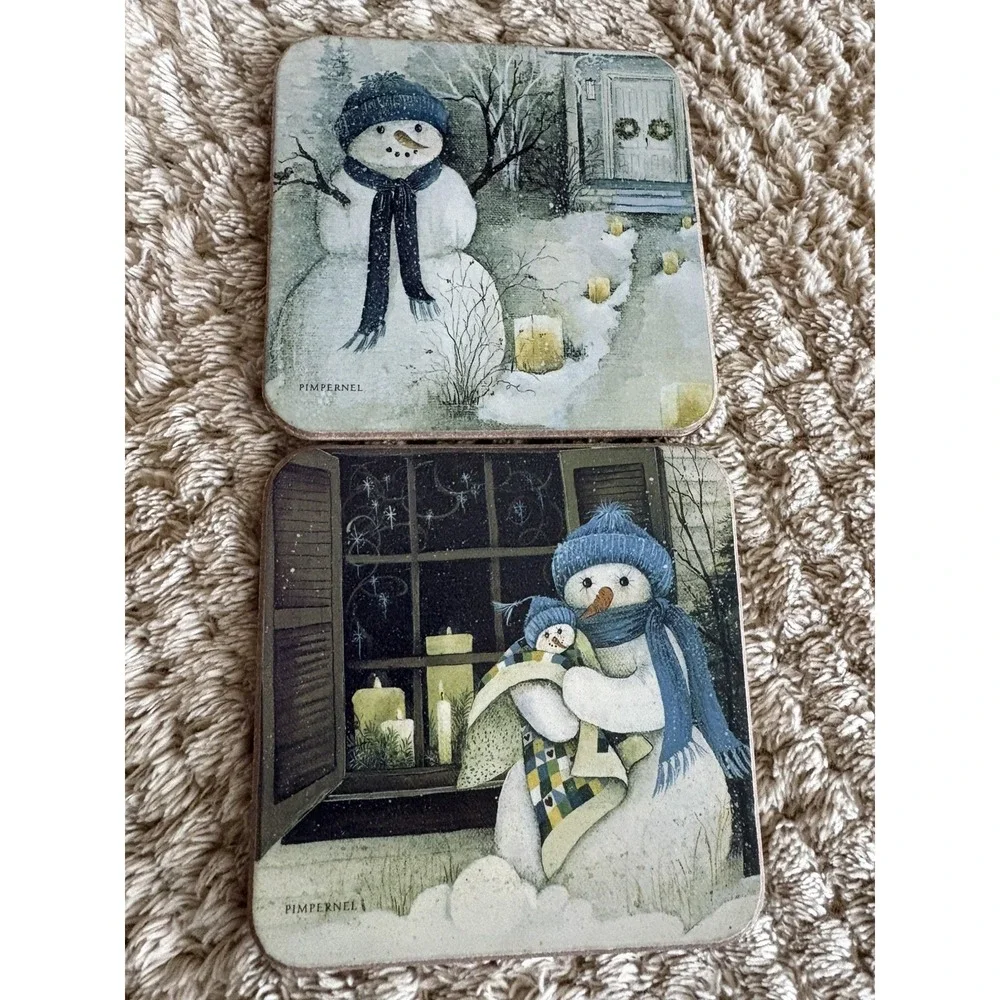 Set of 6 Pimpernel Winter Christmas Snowman Coasters in Box Grandmacore MCM
